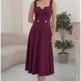 Kadın Bordo Kare Yaka Düğme Detaylı Midi Boy Elbise