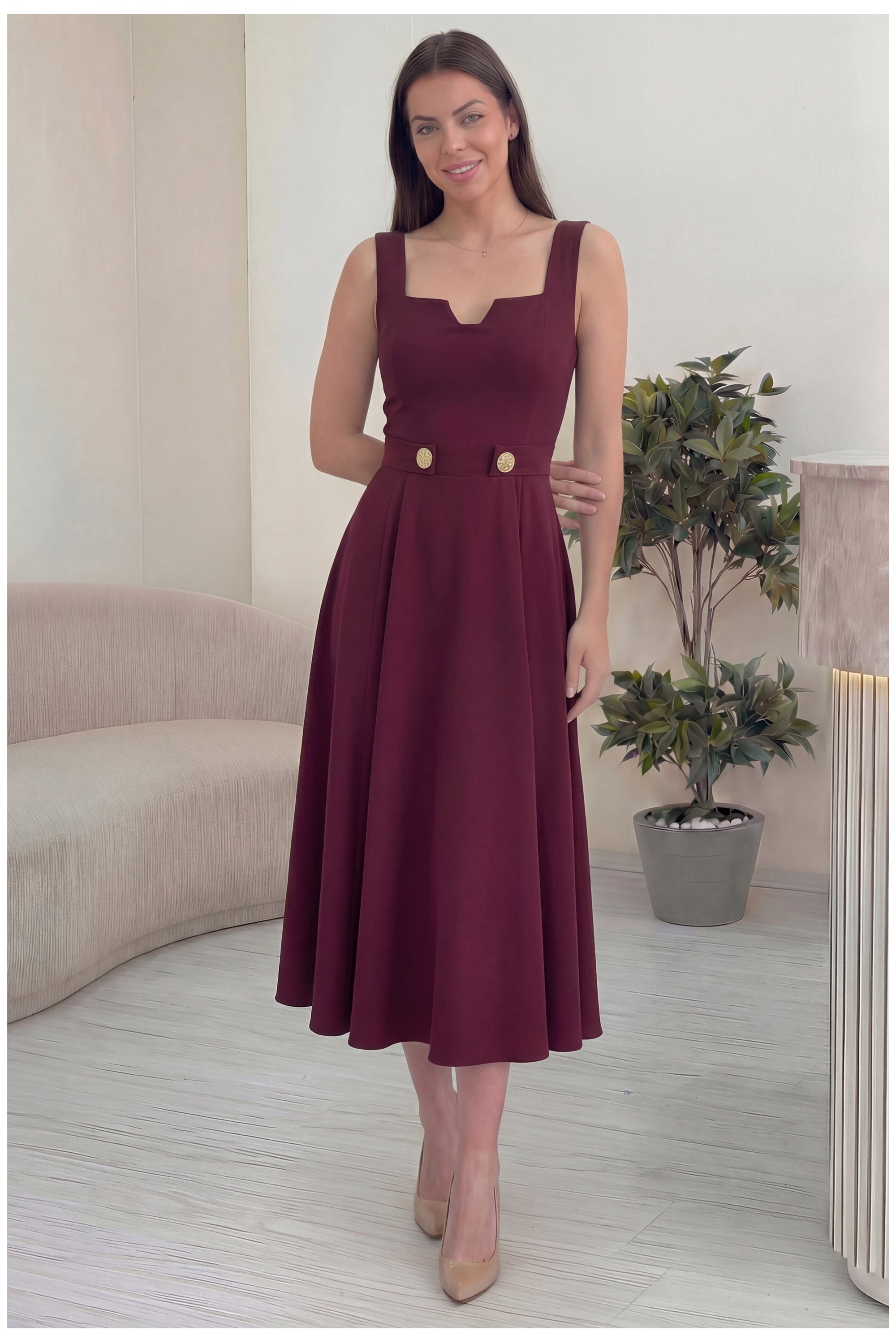 Kadın Bordo Kare Yaka Düğme Detaylı Midi Boy Elbise