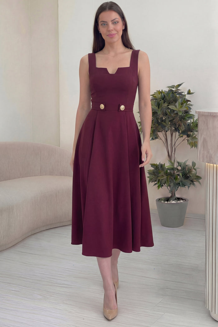 Kadın Bordo Kare Yaka Düğme Detaylı Midi Boy Elbise