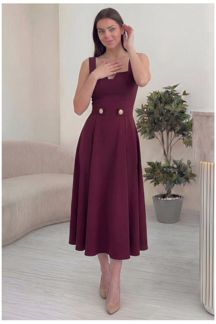 Kadın Bordo Kare Yaka Düğme Detaylı Midi Boy Elbise