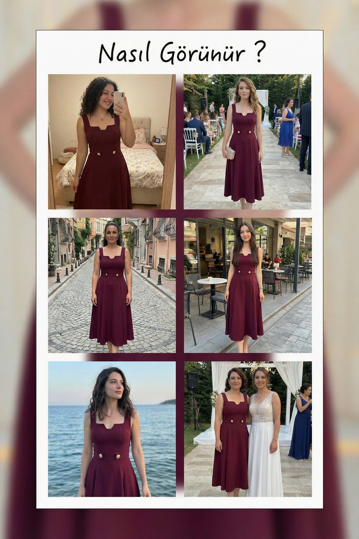 Kadın Bordo Kare Yaka Düğme Detaylı Midi Boy Elbise