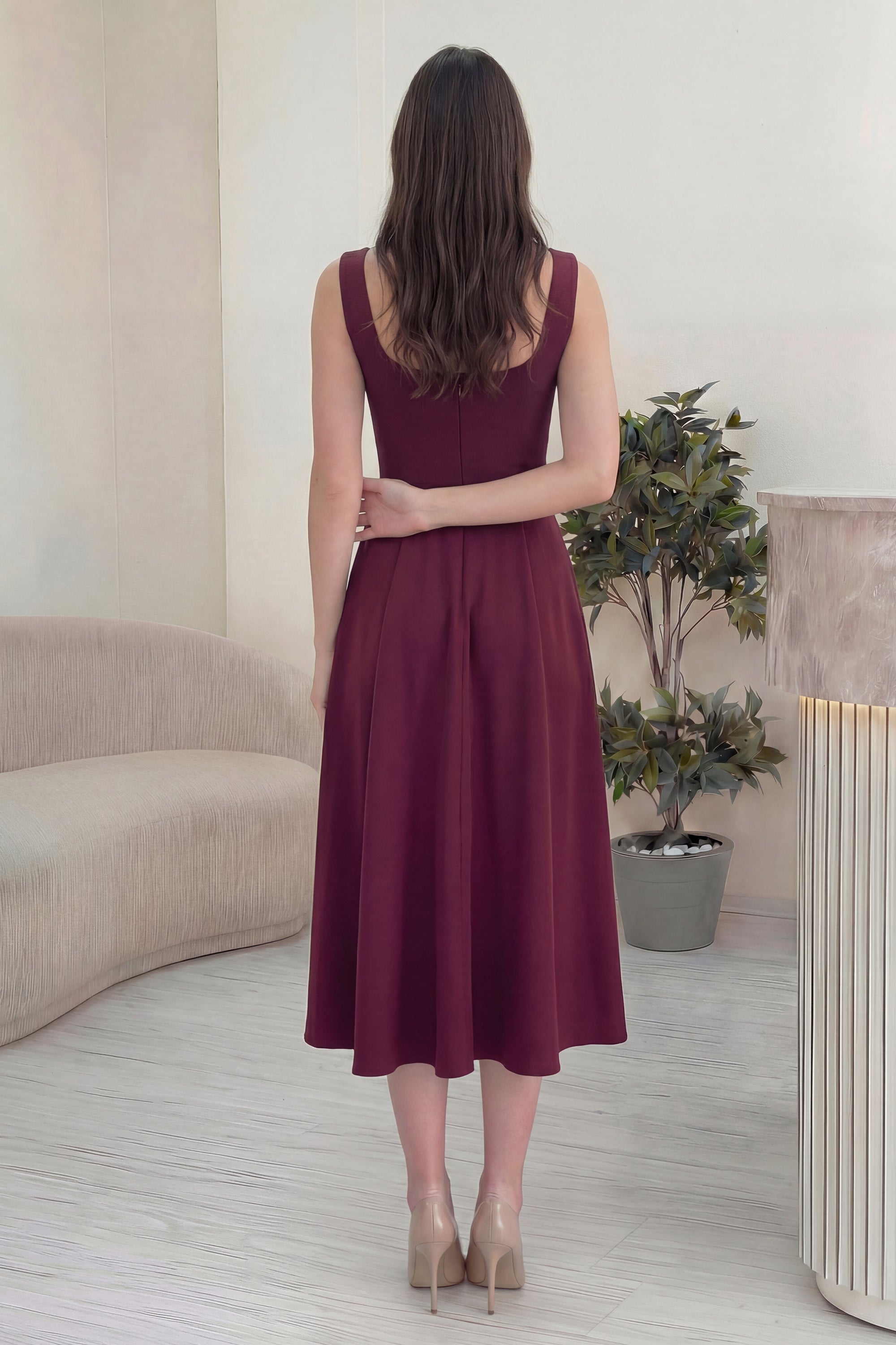 Arka Kadın Bordo Kare Yaka Düğme Detaylı Midi Boy Elbise