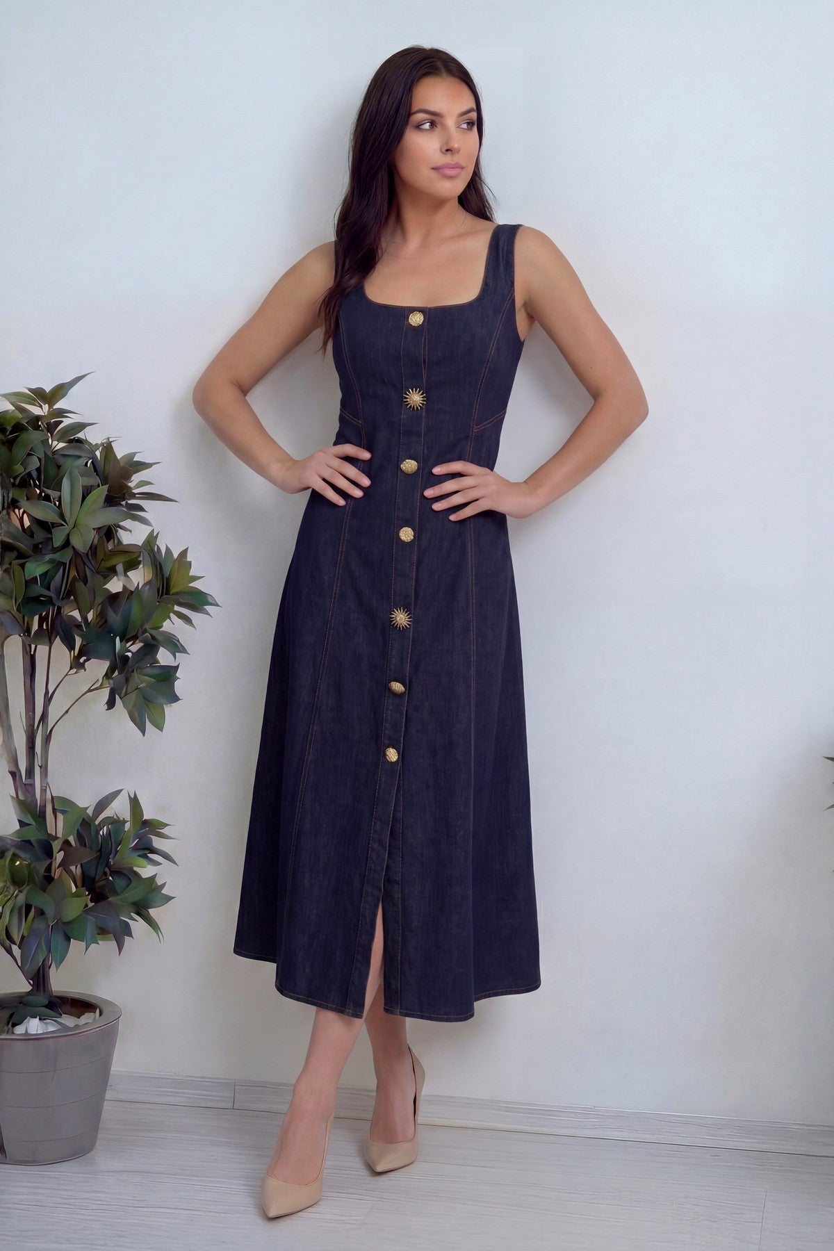 Denim düğme detaylı midi günlük elbise koyu lacivert 