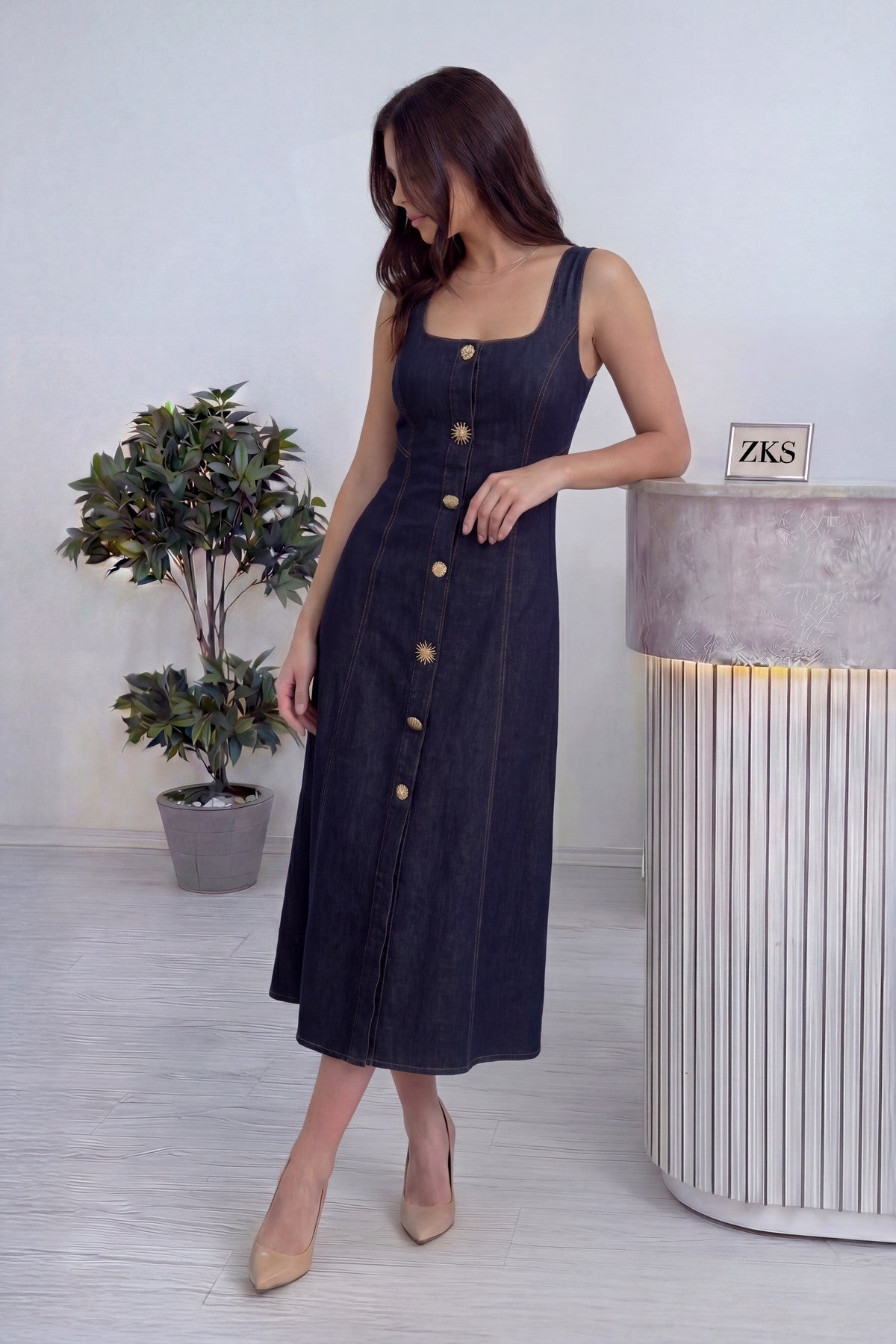 Dikiş detaylı midi boy dark denim düğmeli günlük elbise kadın 