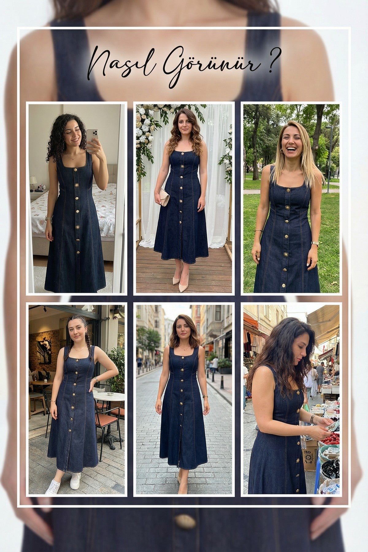 Kalın askılı düğme detaylı midi boy denim elbise denemeleri