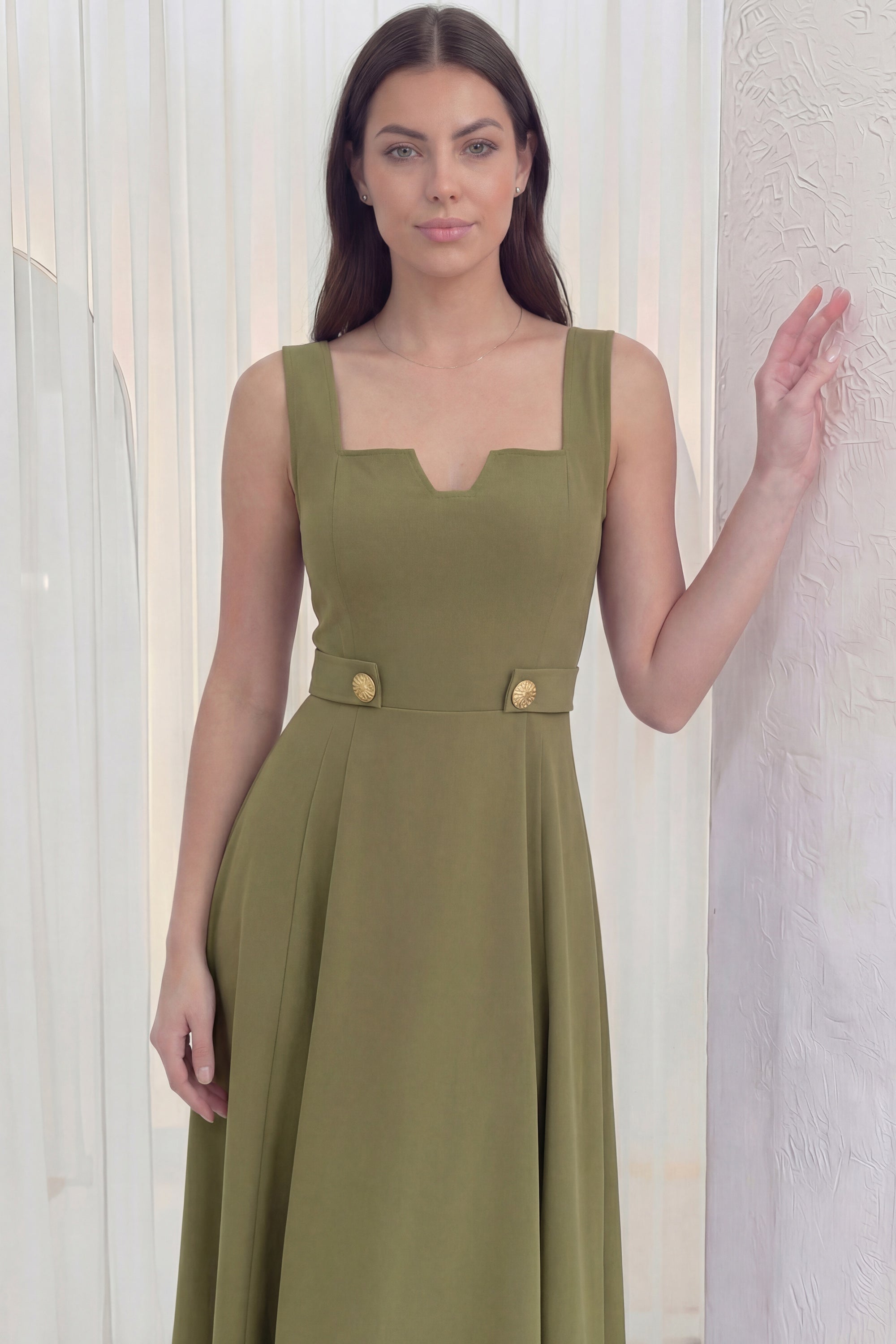 Kadın Haki Kare Yaka Düğme Detaylı Midi Boy Elbise