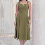 Kadın Haki Kare Yaka Düğme Detaylı Midi Boy Elbise