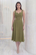 Kadın Haki Kare Yaka Düğme Detaylı Midi Boy Elbise