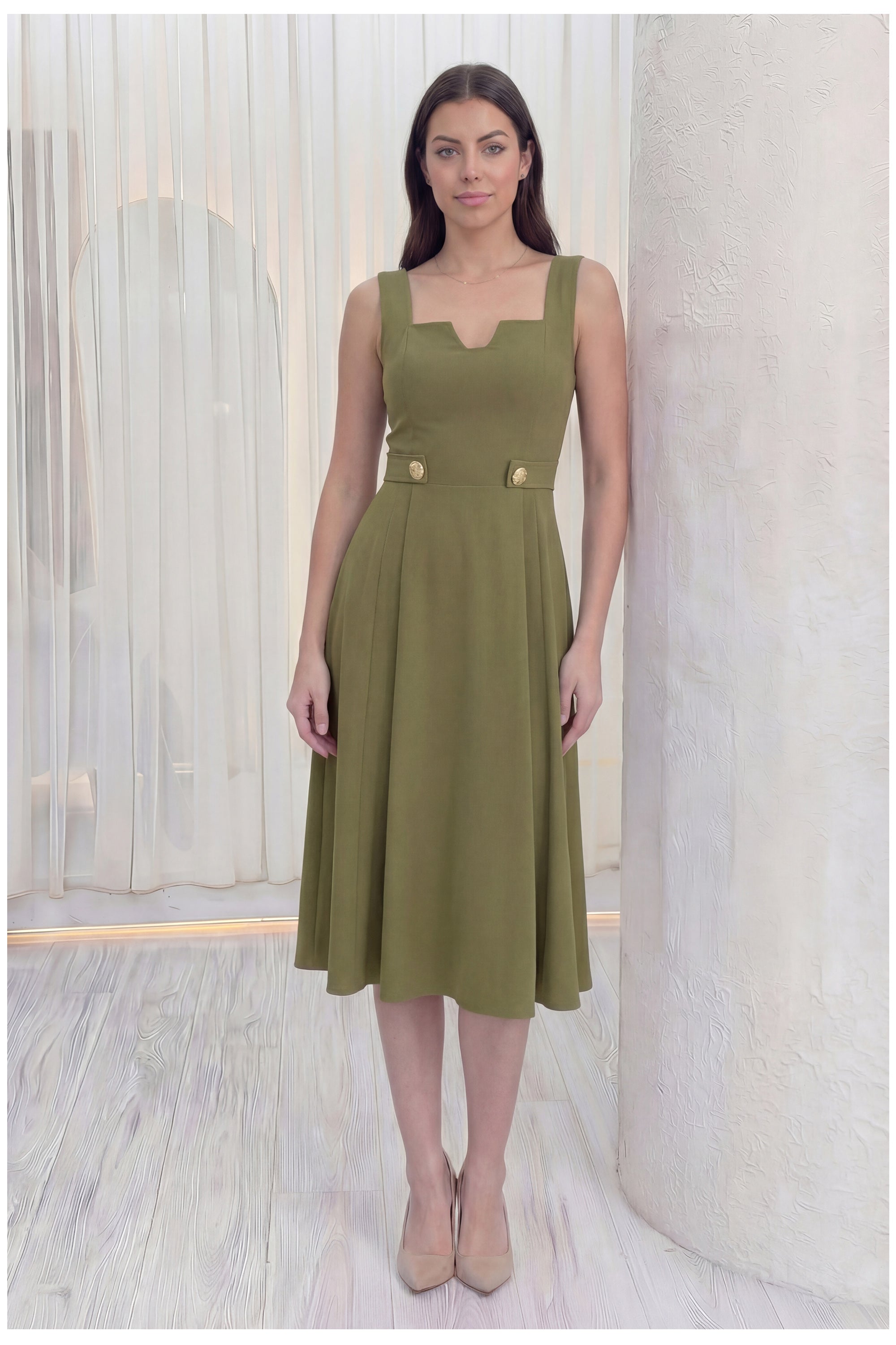 Kadın Haki Kare Yaka Düğme Detaylı Midi Boy Elbise