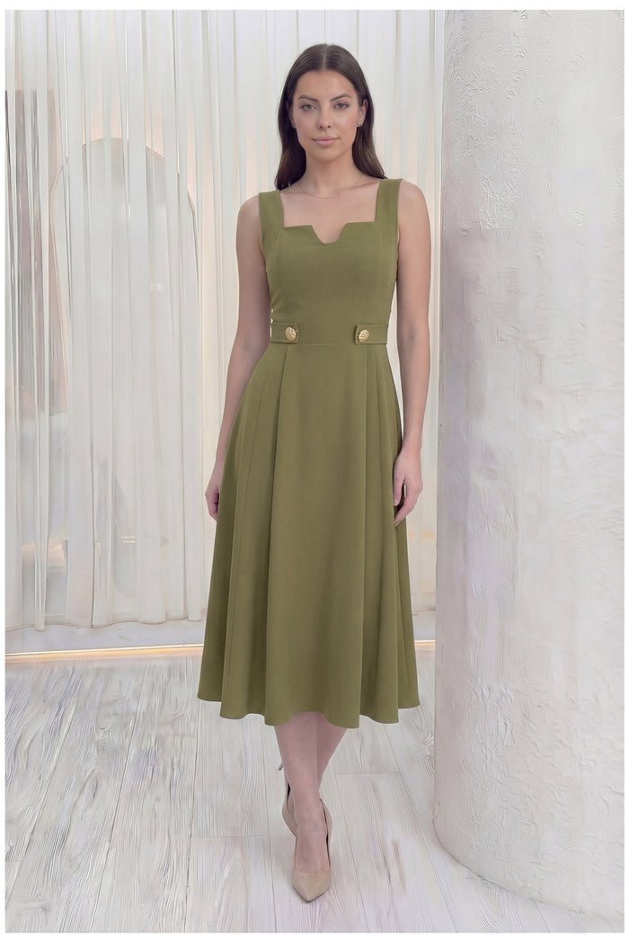 Kadın Haki Kare Yaka Düğme Detaylı Midi Boy Elbise