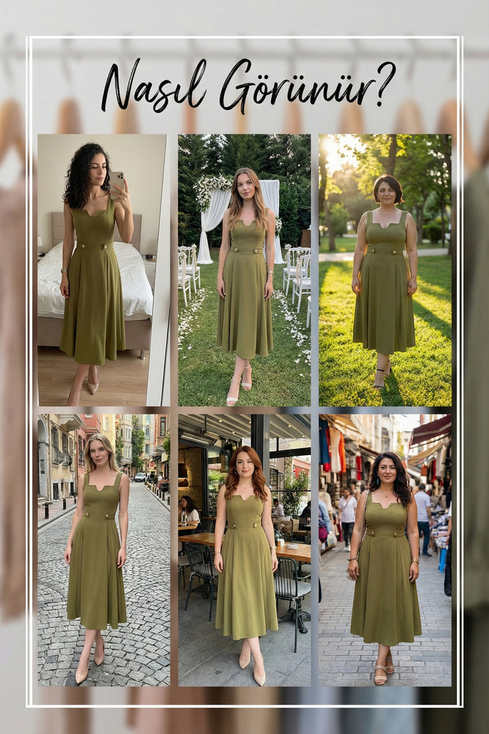 Kadın Haki Kare Yaka Düğme Detaylı Midi Boy Elbise