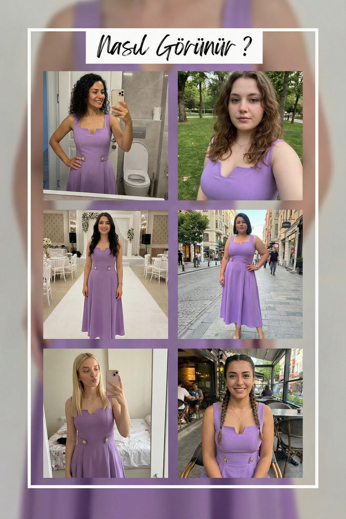 Kadın Lila Kare Yaka Düğme Detaylı Midi Boy Elbise