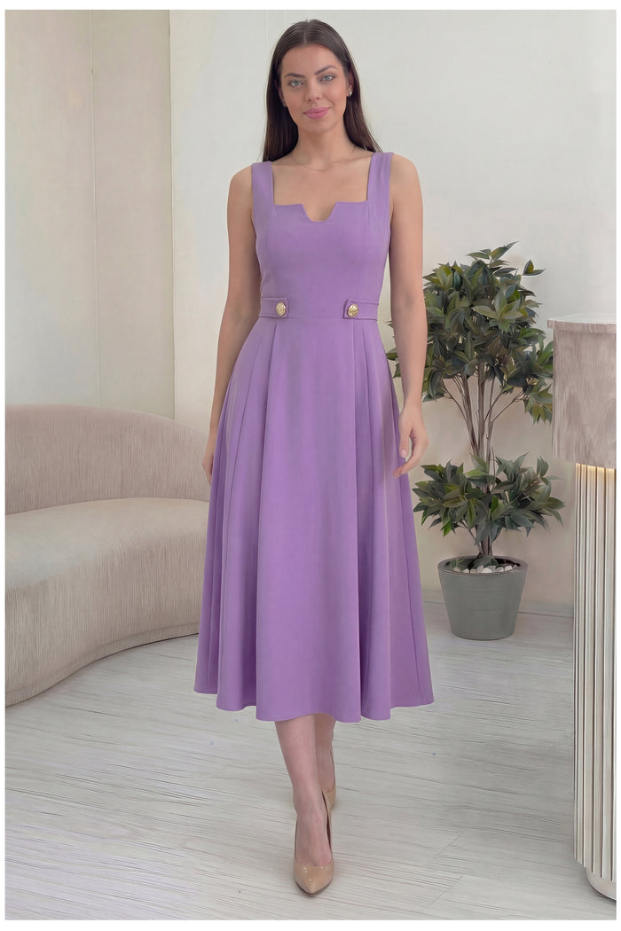 Kadın Lila Kare Yaka Düğme Detaylı Midi Boy Elbise