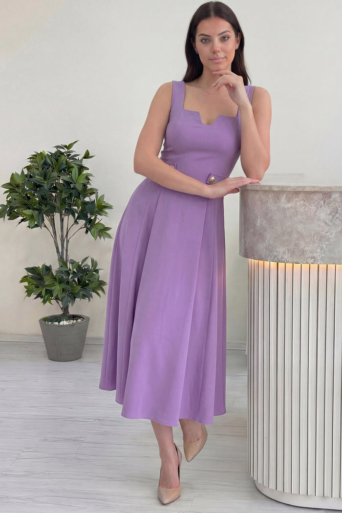 Kadın Lila Kare Yaka Düğme Detaylı Midi Boy Elbise