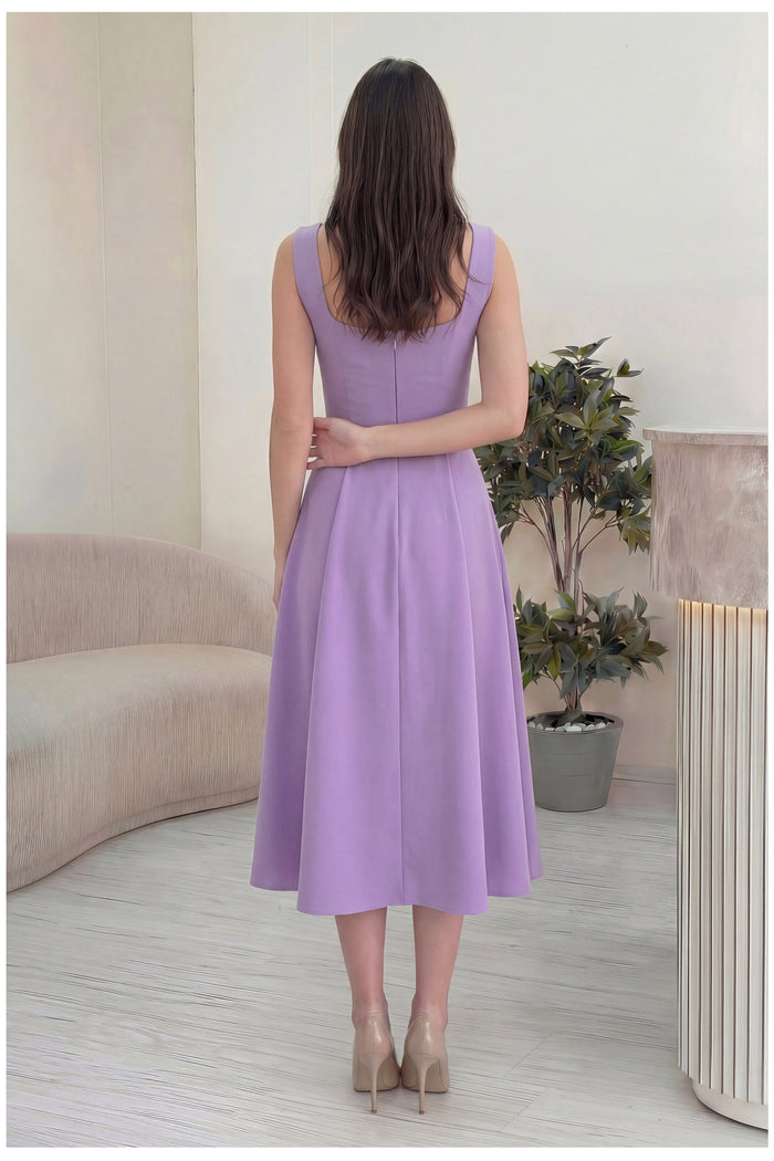 Kadın Lila Kare Yaka Düğme Detaylı Midi Boy Elbise