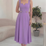 Kadın Lila Kare Yaka Düğme Detaylı Midi Boy Elbise