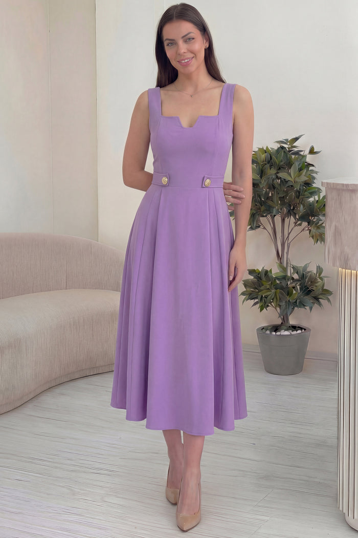 Kadın Lila Kare Yaka Düğme Detaylı Midi Boy Elbise