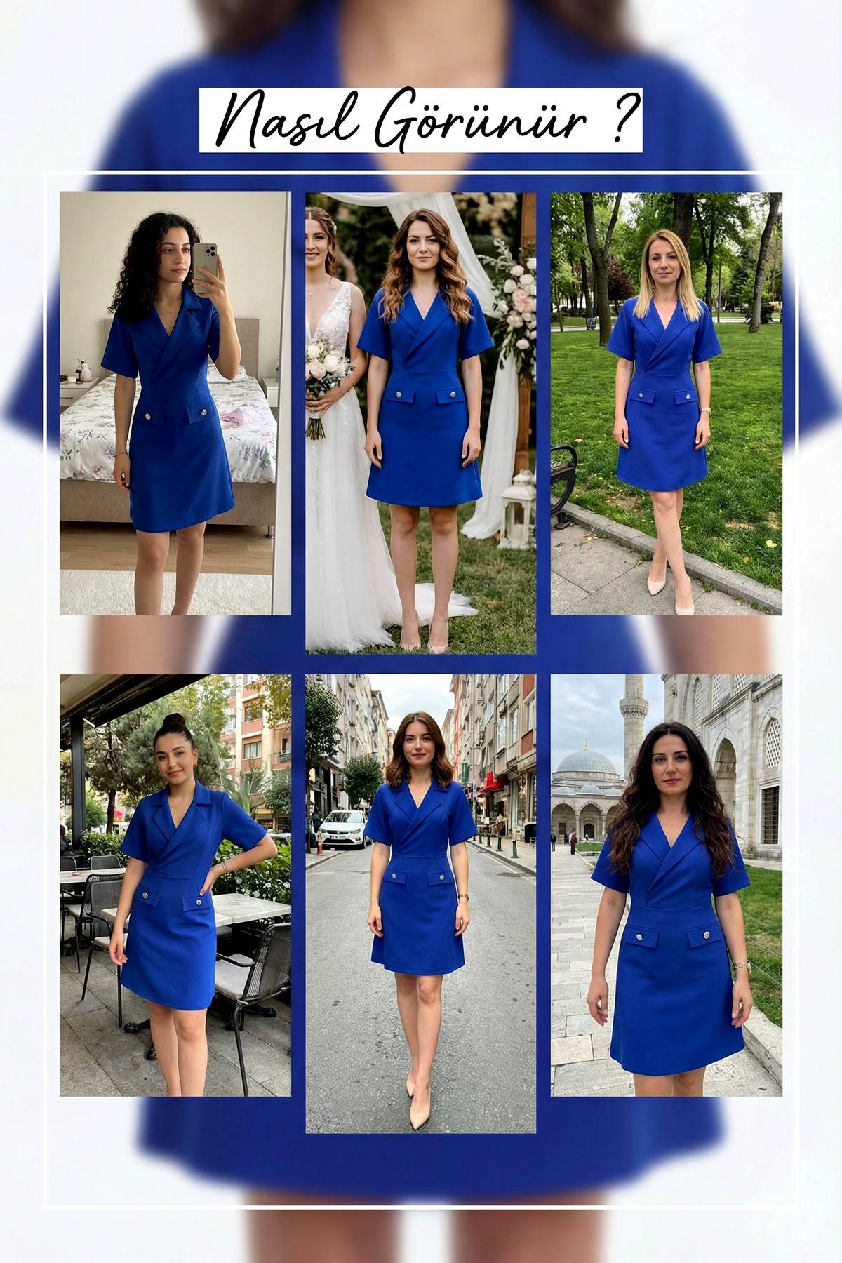 Kadın saks mavi kruvaze yaka kısa kol elbise deneme
