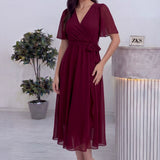 Kadın Bordo Kısa Kol Kuşaklı Fırfırlı Şifon Elbise