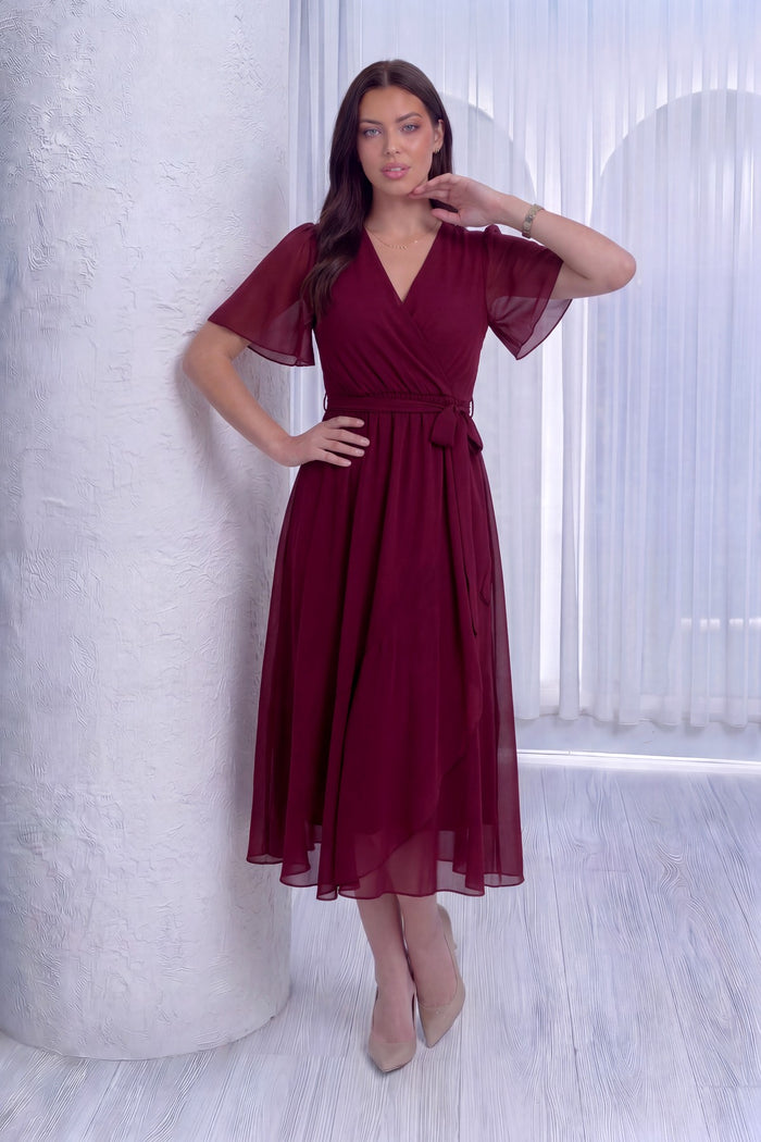 Bordo Midi Boy Kuşak Detay Yarım Kol Eli Belde Elbise 