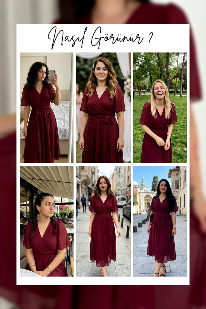 Bordo kuşak detay şifon kumaş elbise deneyimleri 