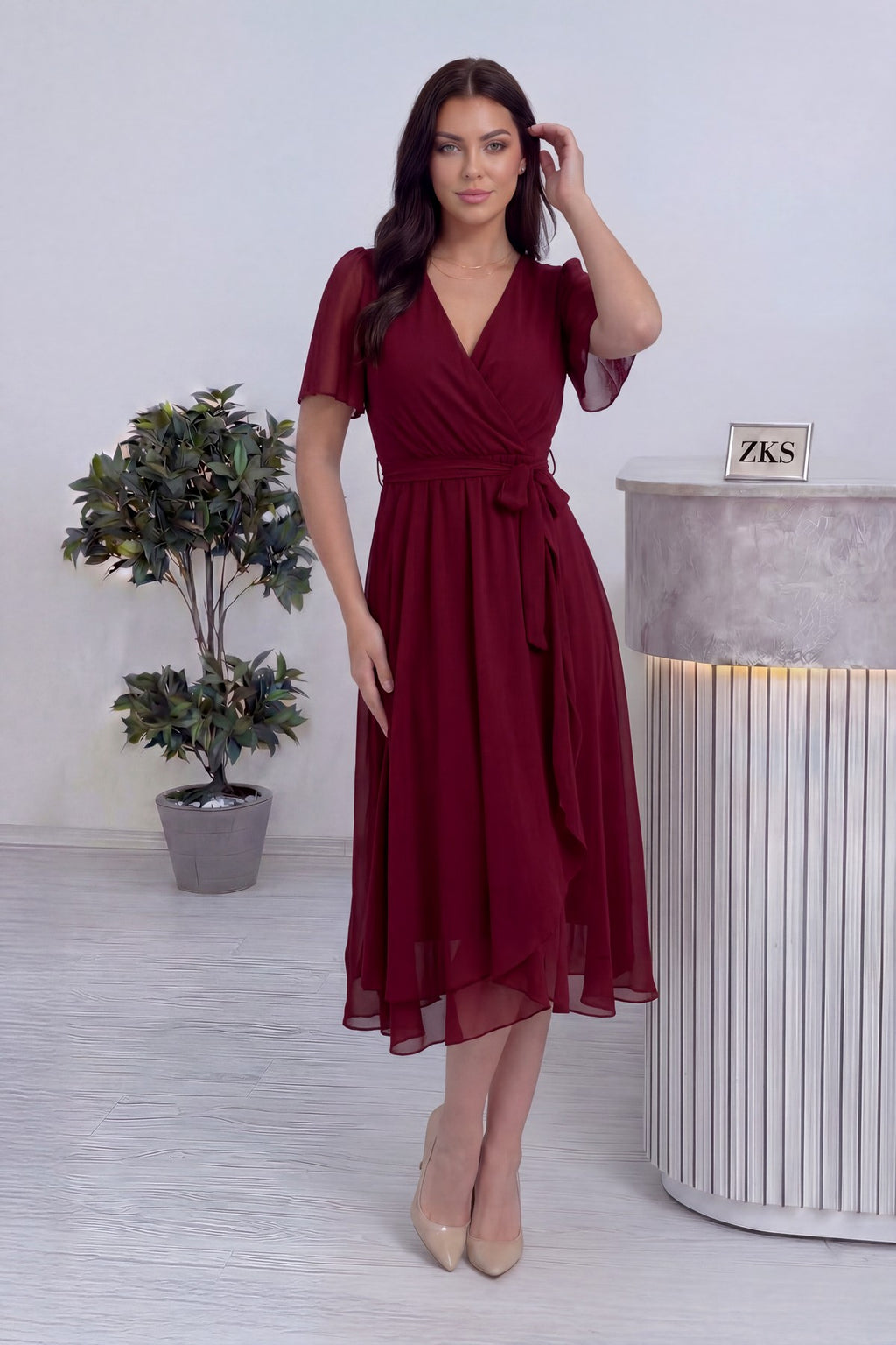 Bordo Eli Yanda Midi Boy Önü Fırfırlı Kuşak Detay Elbise