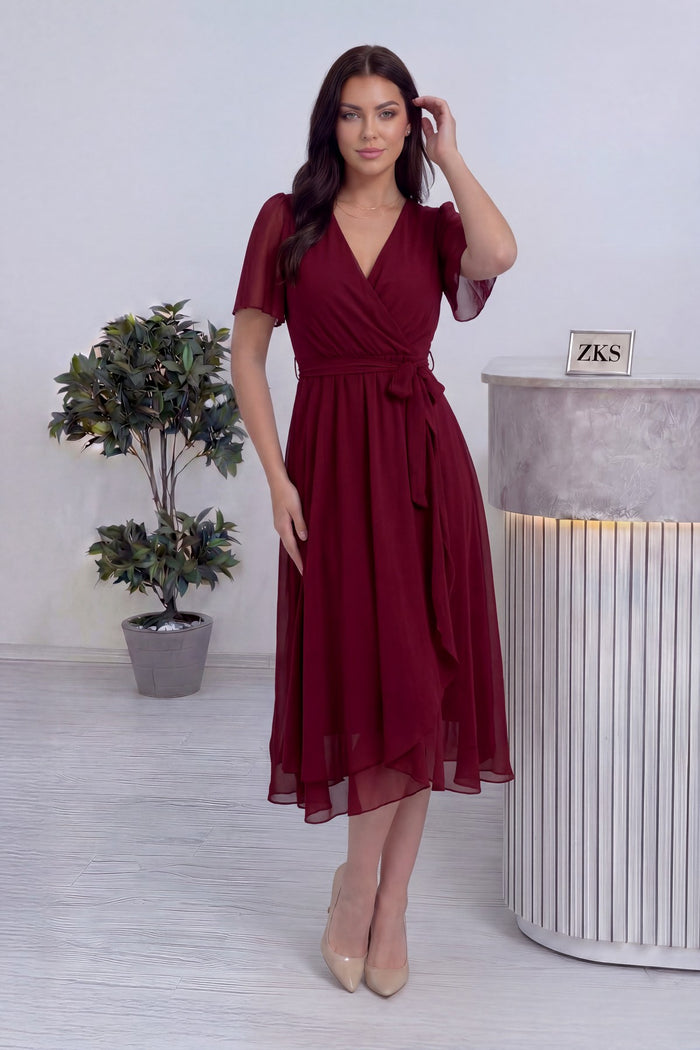 Bordo Eli Yanda Midi Boy Önü Fırfırlı Kuşak Detay Elbise