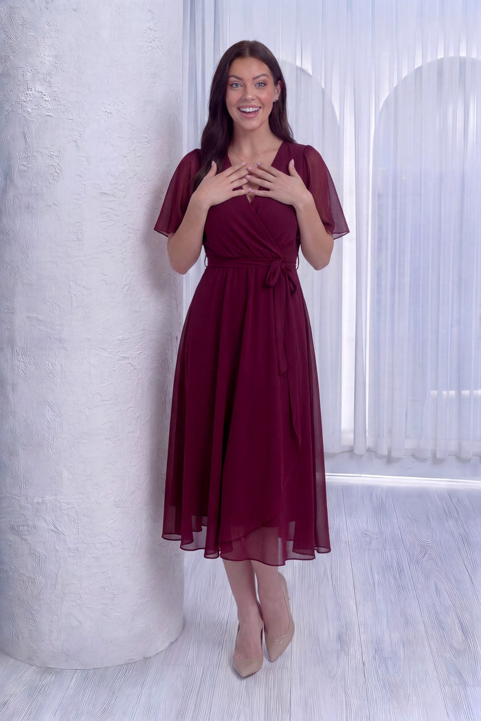 Kruvaze Yaka Bordo Günlük Şifon Eller Önde Elbise 