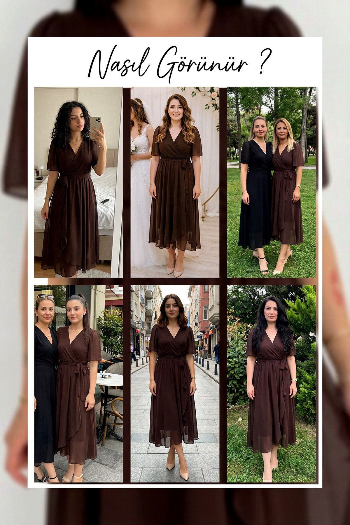 Kahverengi kısa kollu beli kuşaklı şifon kumaş elbise denemeleri