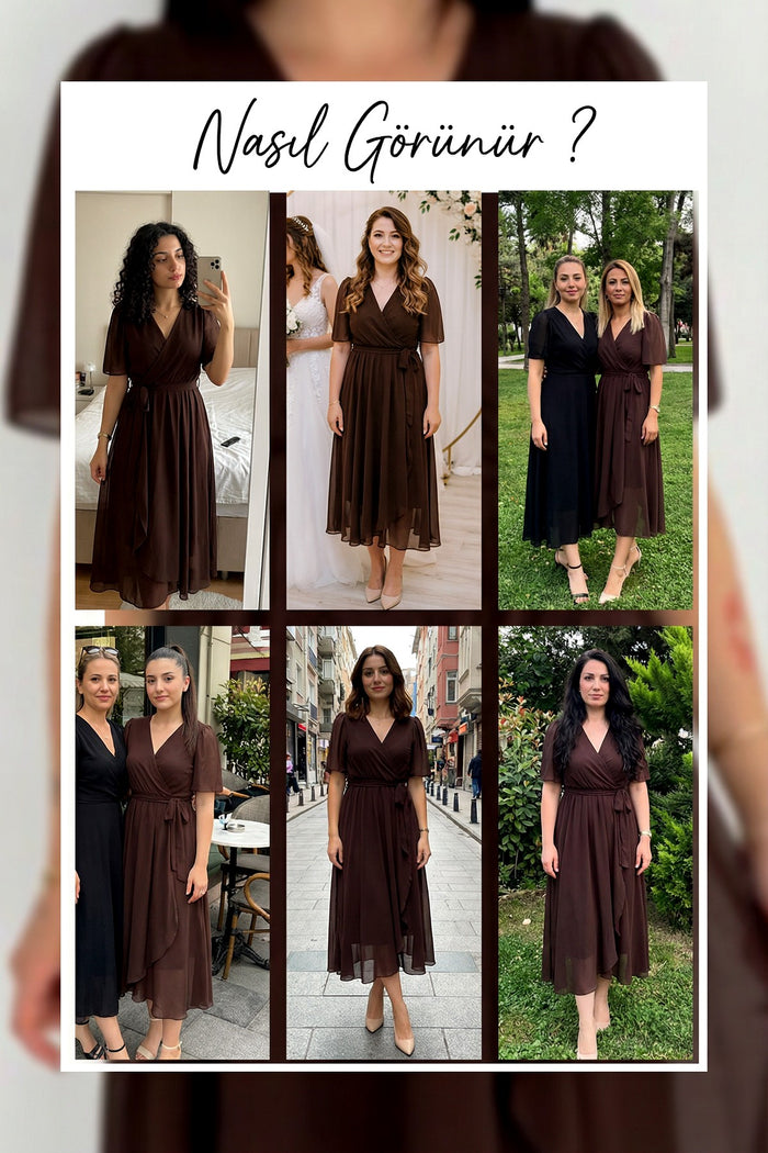 Kahverengi kısa kollu beli kuşaklı şifon kumaş elbise denemeleri