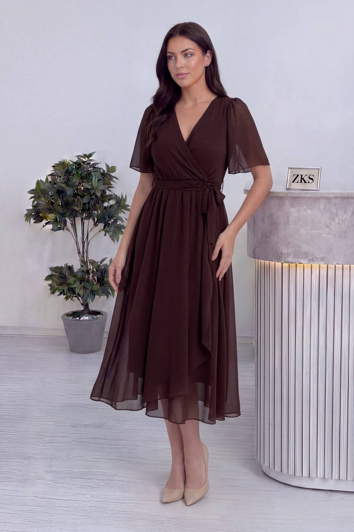 kahverengi kloş midi elbise, kısa kollu günlük giyim elbise 