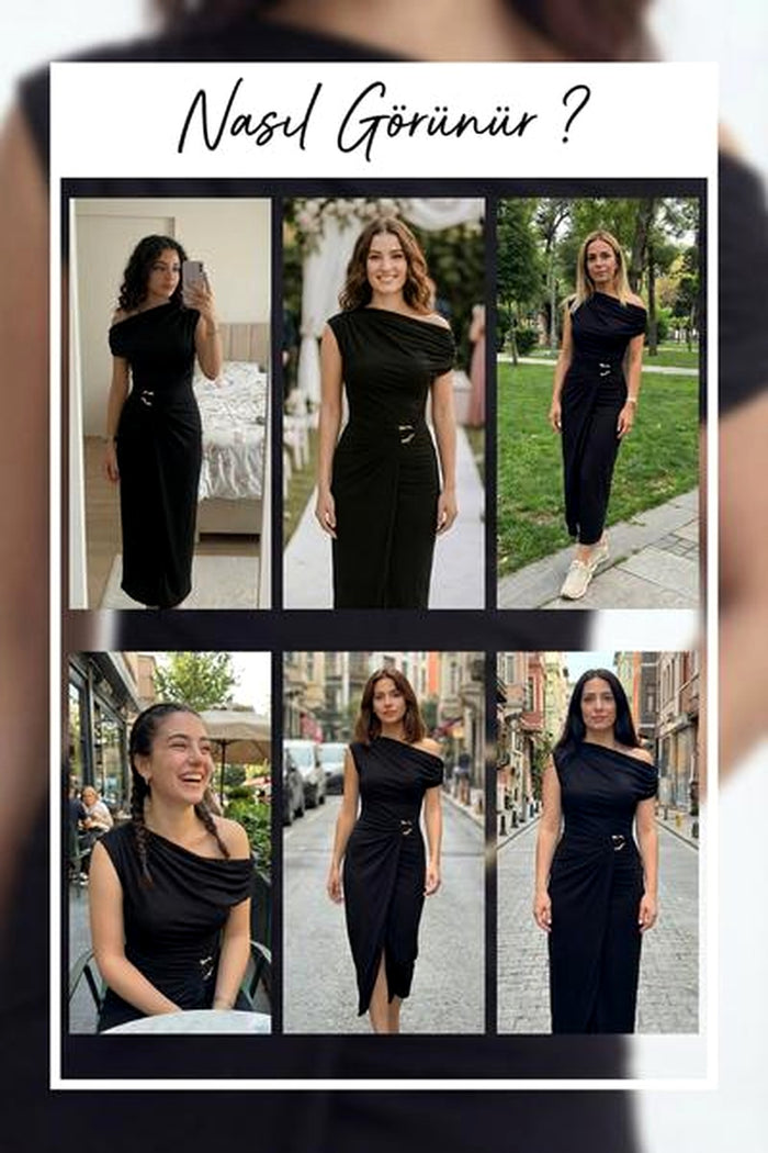 Kadın Siyah Düşük Omuz Bel Aksesuarlı Midi Boy Elbise