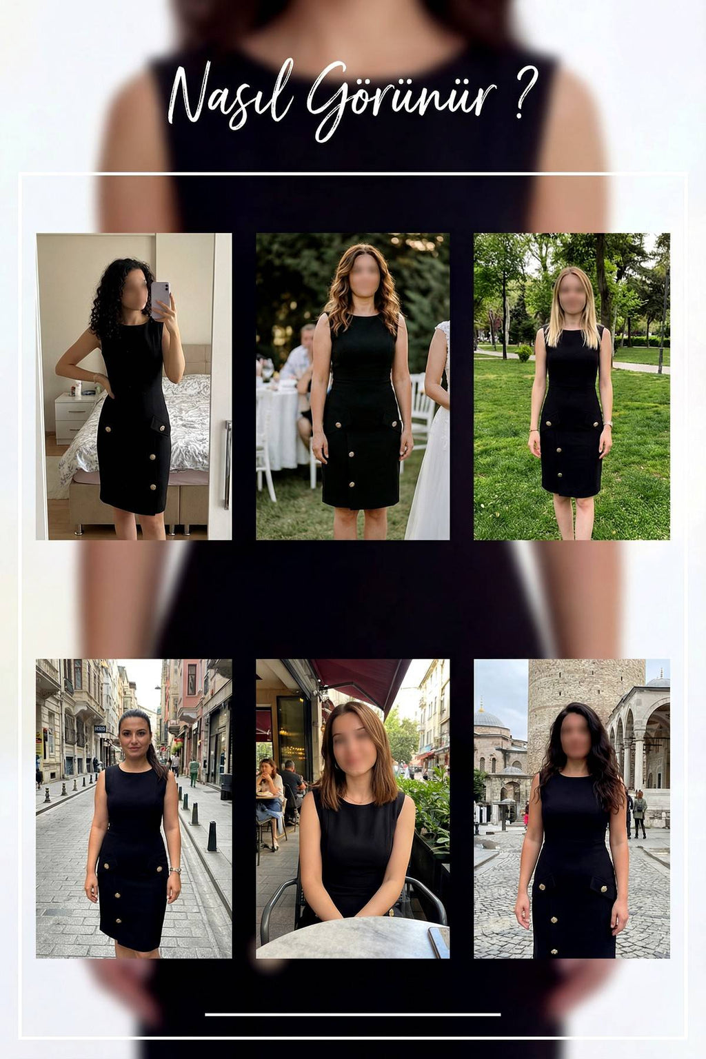 Deneme, kolsuz siyah düğmeli kısa boy elbise