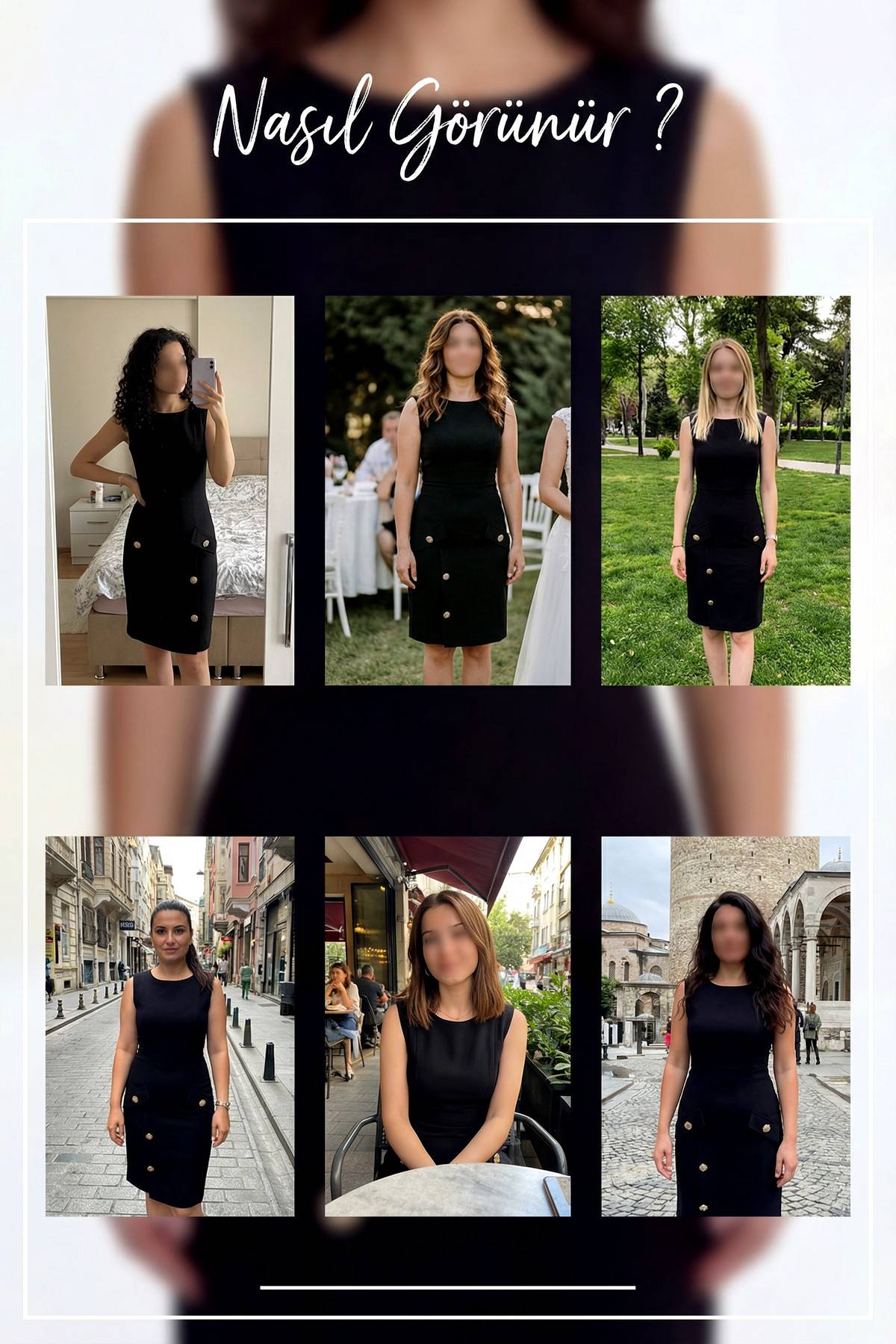 Deneme, kolsuz siyah düğmeli kısa boy elbise