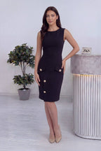 Siyah krep elbise, kısa boy altın düğmeli özel gün için 