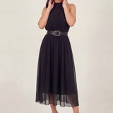 Siyah Halter Yaka Kemerli Şifon Midi Elbise – Dökümlü