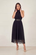 Siyah Halter Yaka Kemerli Şifon Midi Elbise – Dökümlü