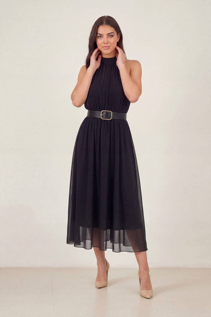 Siyah Halter Yaka Kemerli Şifon Midi Elbise – Dökümlü