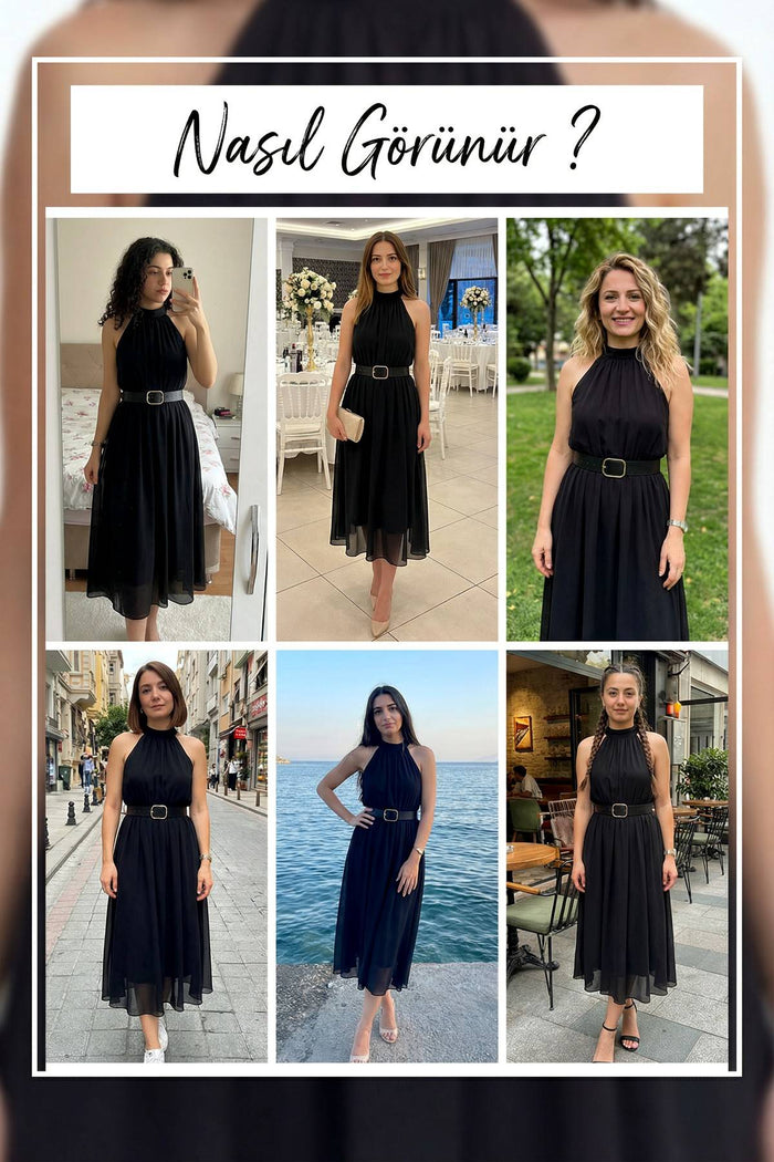 Siyah Halter Yaka Kemerli Şifon Midi Elbise – Dökümlü