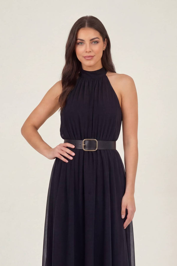 Siyah Halter Yaka Kemerli Şifon Midi Elbise – Dökümlü