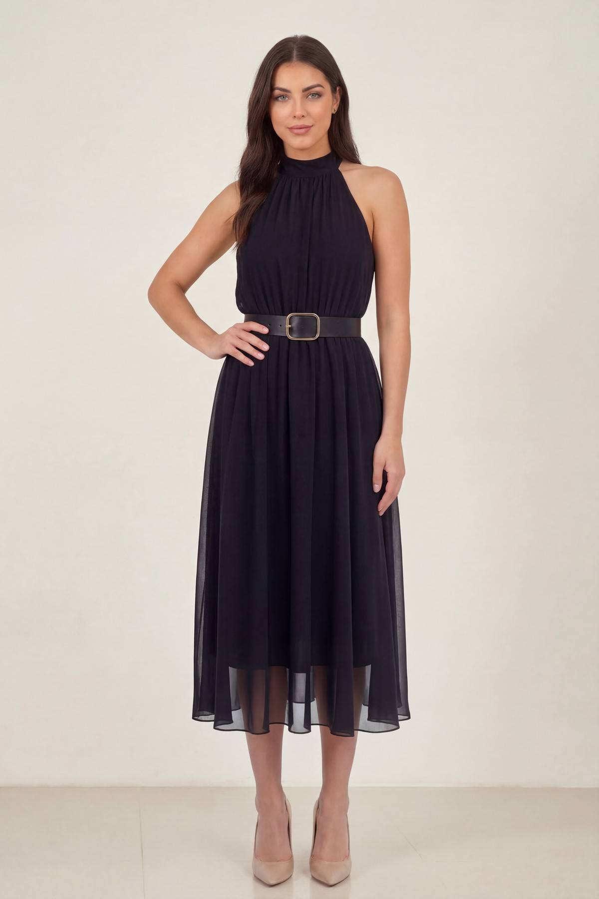 Midi boy siyah kadın elbise halter yaka şifon günlük ön