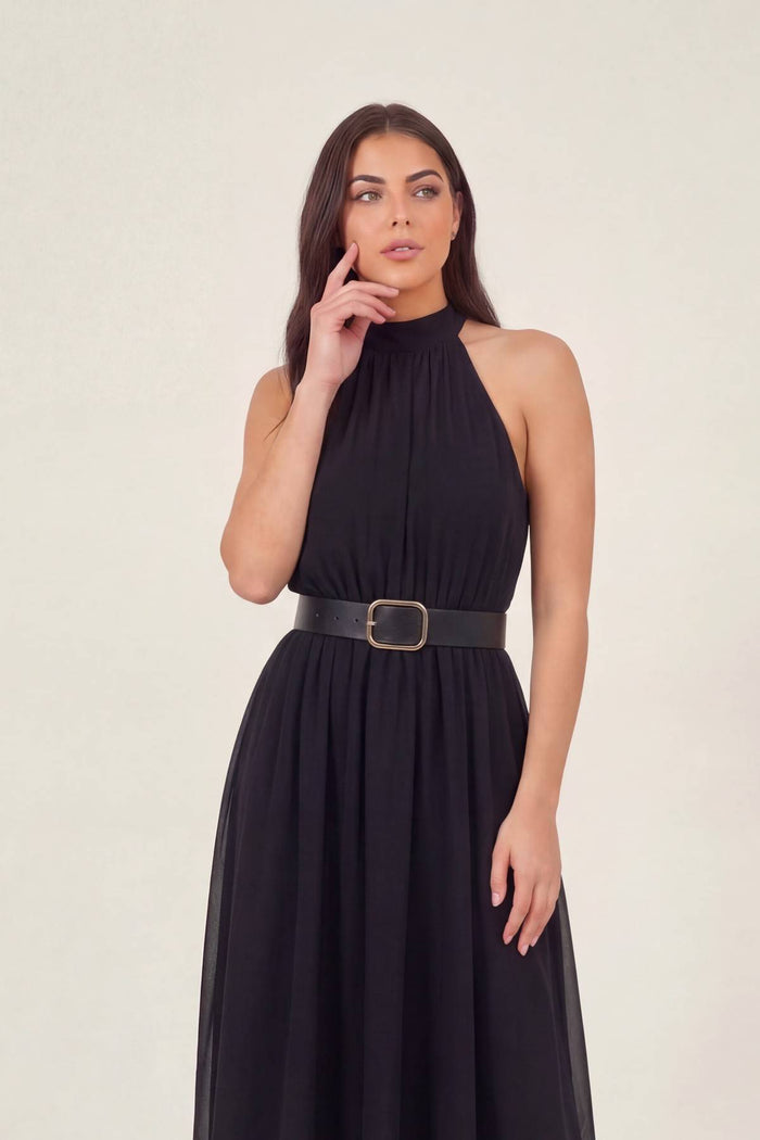 Siyah Halter Yaka Kemerli Şifon Midi Elbise – Dökümlü