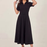 Siyah Fermuarlı Gömlek Yaka Midi Elbise