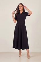 A kesim cepli fermuar detay midi boy gömlek yaka kadın elbise 