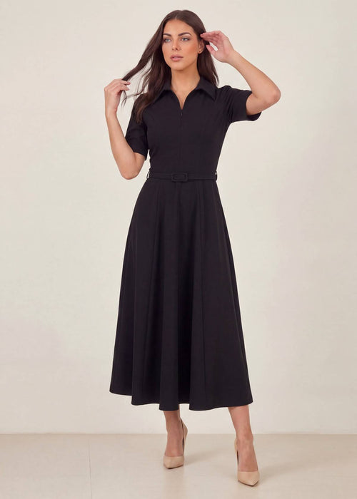 Siyah Fermuarlı Gömlek Yaka Midi Elbise