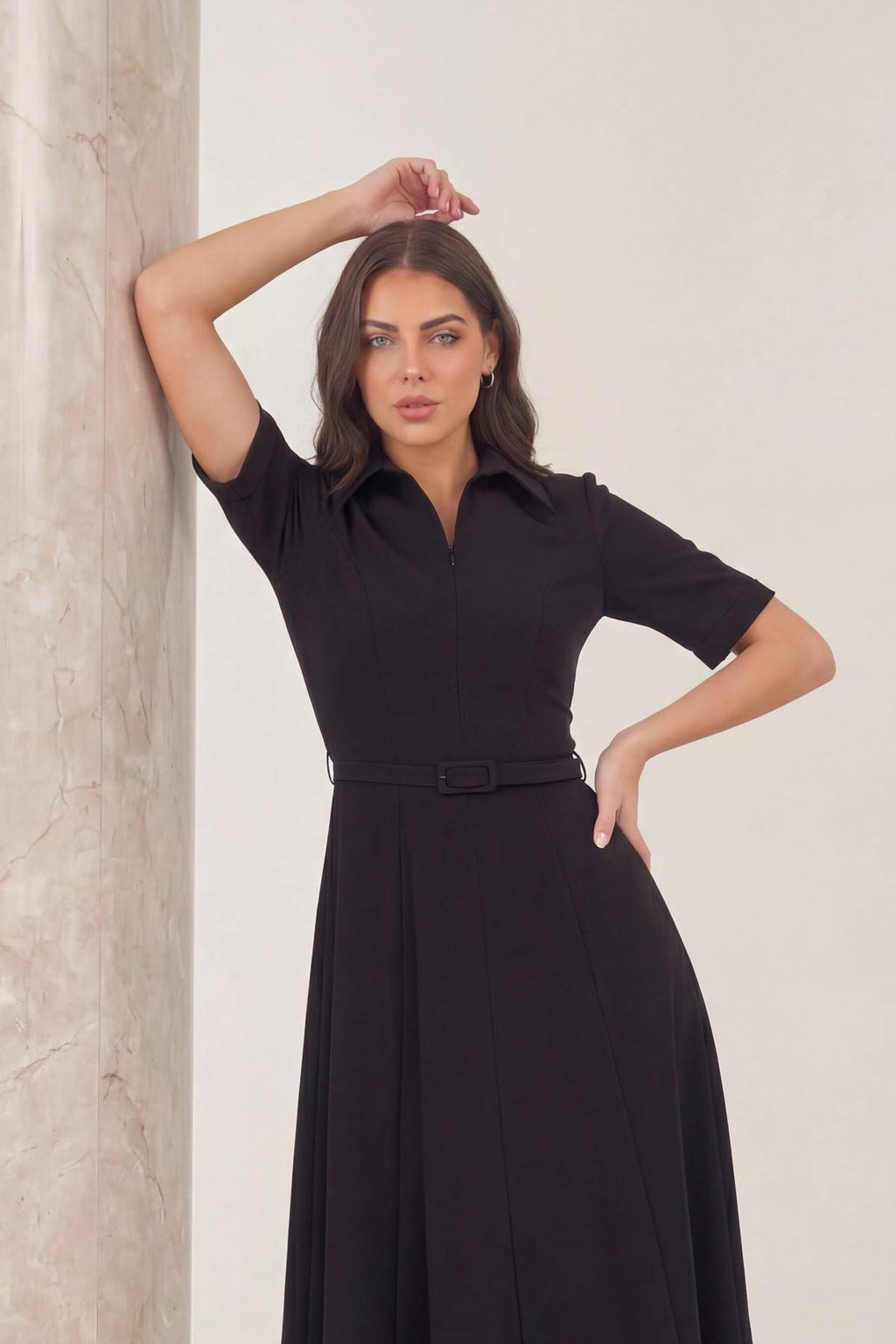 Siyah kadın gömlek yaka fermuarlı midi boy kemer detay elbise 