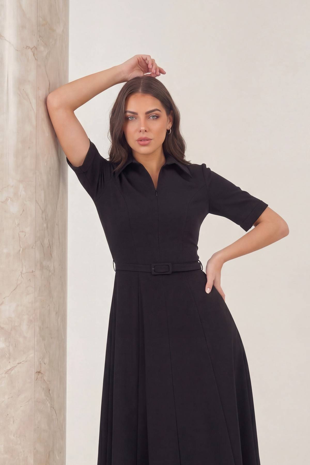 Siyah kadın gömlek yaka fermuarlı midi boy kemer detay elbise 