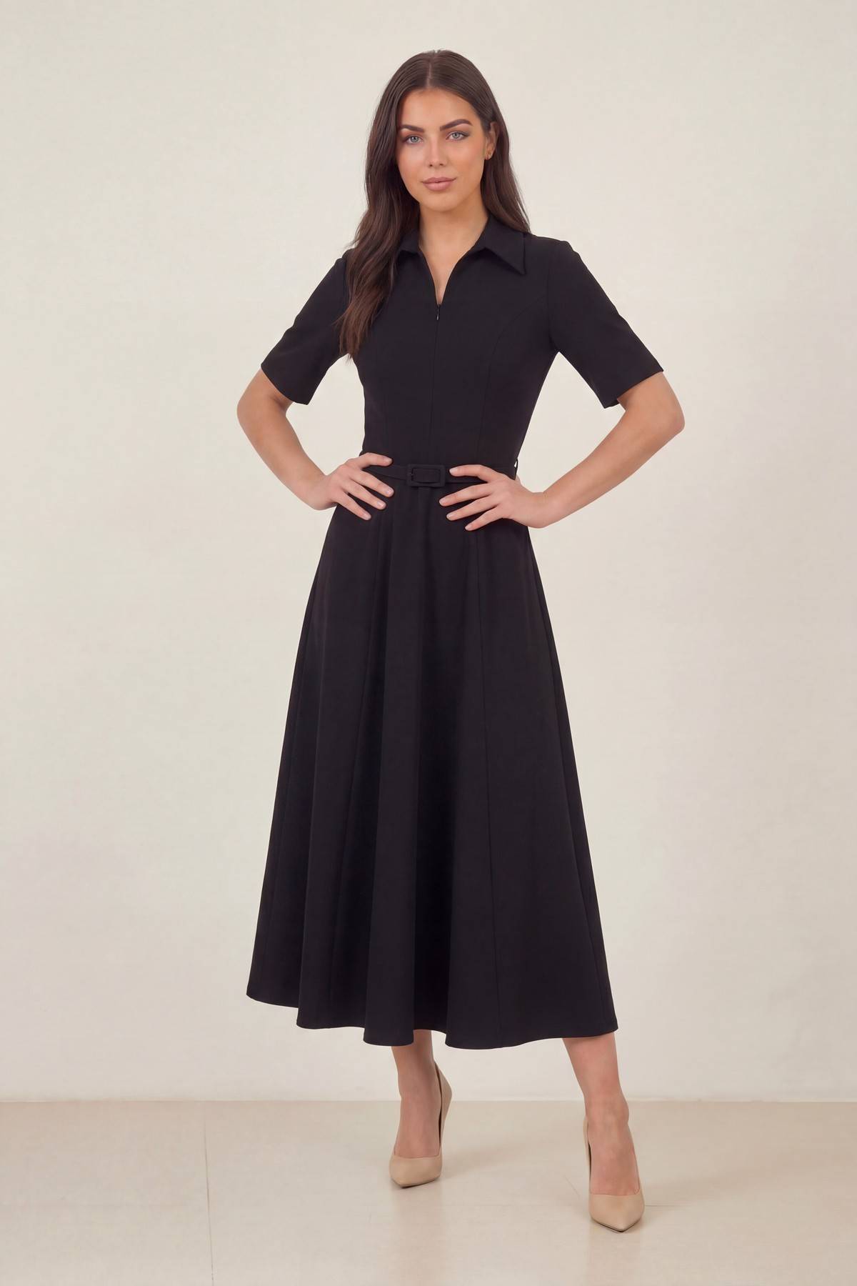 Cep detay midi boy A kesim yarım kol kadın siyah kemerli ofis elbise 
