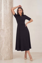 Kemer detay kadın cepli A kesim siyah midi boy yarım kol günlük elbise 