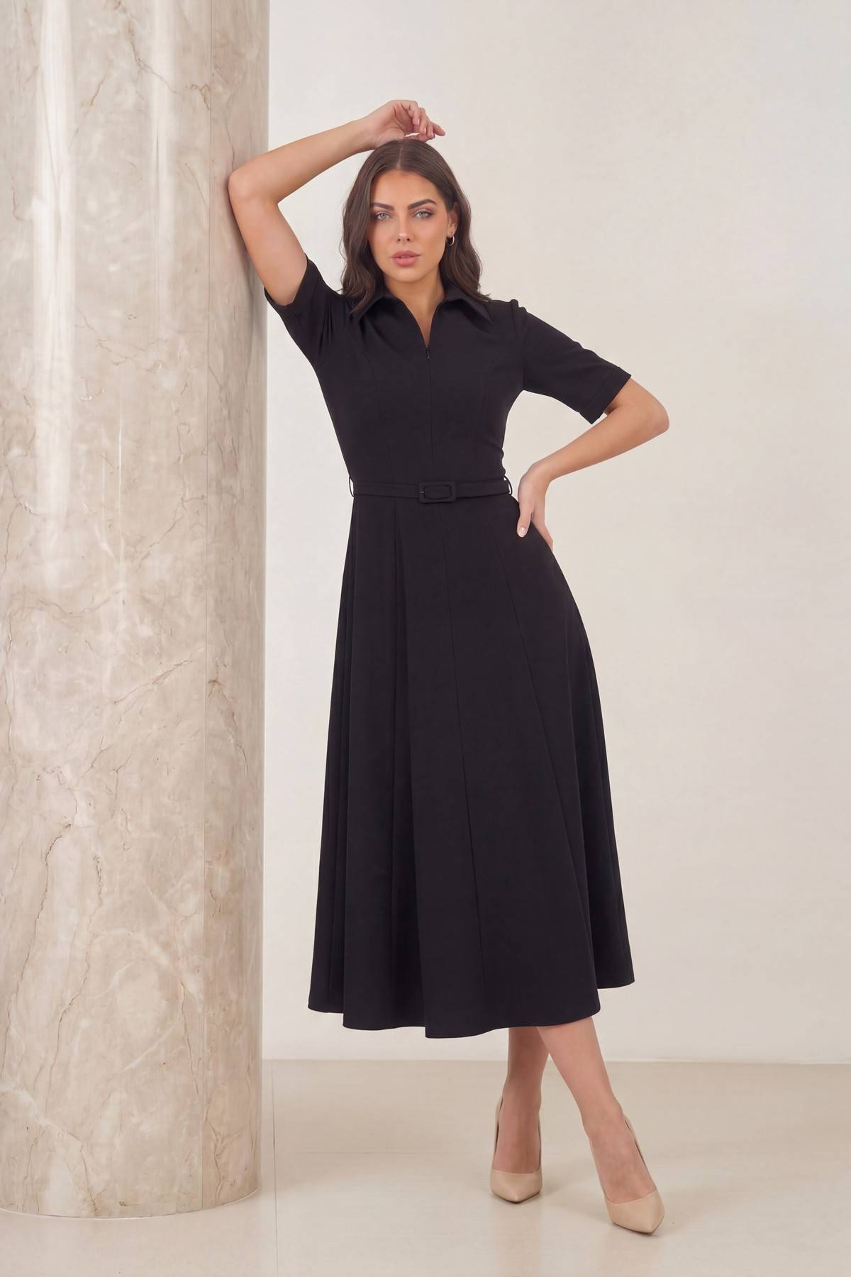 Kemer detay kadın cepli A kesim siyah midi boy yarım kol günlük elbise 